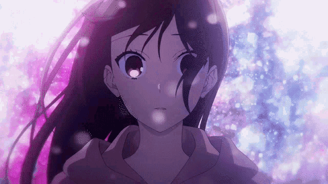 a close up of a girl 's face with purple and blue background
