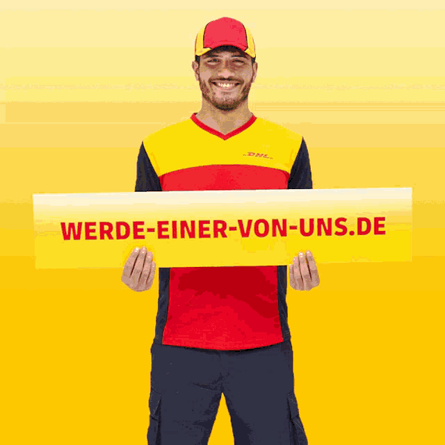 a man in a dhl shirt is holding a sign that says jetzt bewerfen