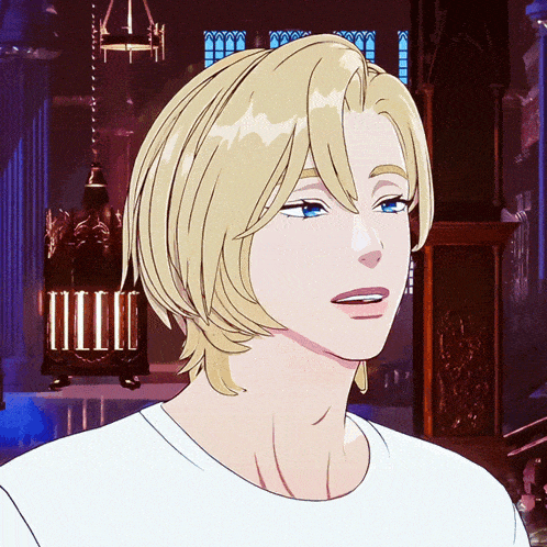 a man with blonde hair and blue eyes is looking at something