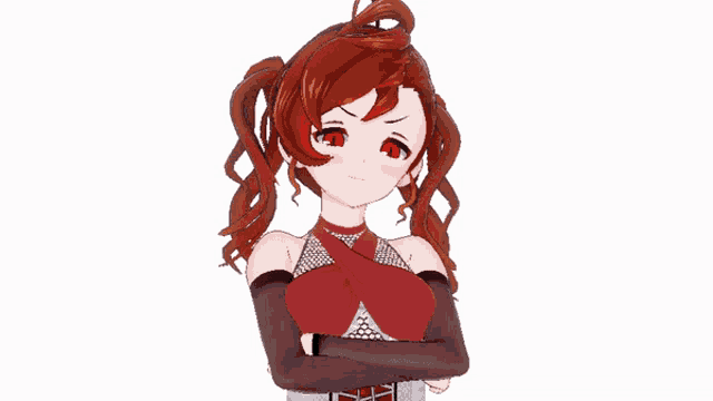 a cartoon girl with red hair and red eyes is standing with her arms crossed