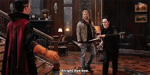 doctor strange is wearing a red cape and saying `` alright bye-bye . ''