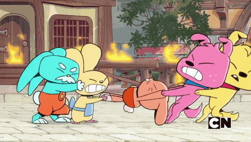 a group of cartoon characters with the cn logo on the bottom