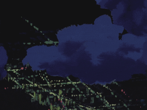 a painting of a city at night with a dark blue sky