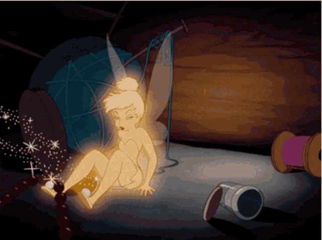 a cartoon of tinkerbell with a light coming out of her foot