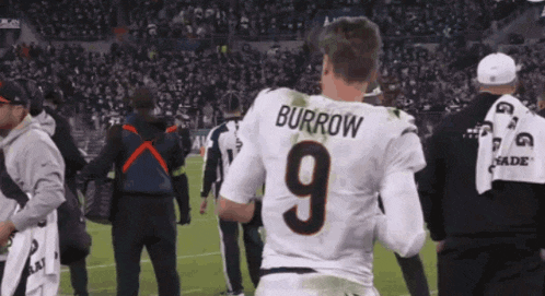 a man in a burrow 9 jersey stands on a football field