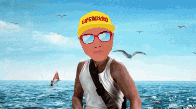 a lifeguard wearing sunglasses and a yellow hat stands in front of the ocean