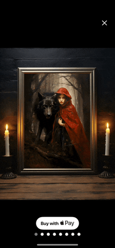 a painting of little red riding hood with a wolf and candles on a table