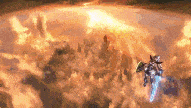 a robot with a sword and shield is flying through the air .