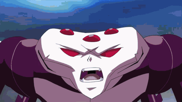 a cartoon character with three red eyes and a purple body