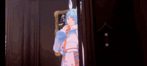a girl with blue hair and white ears is standing in front of a picture frame