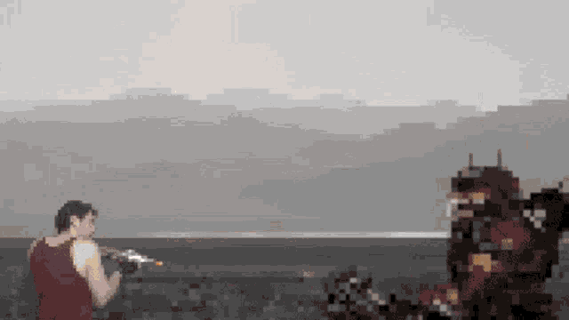 a man in a red tank top is holding a gun in a pixel art scene