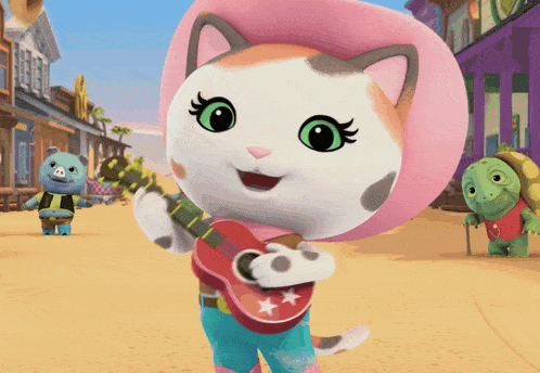 a cartoon cat is playing a guitar in a desert town