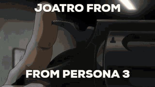 a close up of a person holding a gun with the words `` joatro from from persona 3 '' written on it .
