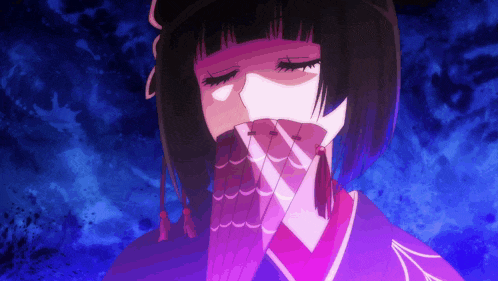 a woman in a purple kimono is covering her mouth with her hand