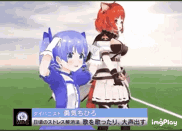 two anime girls are standing next to each other on a field with a watermark that says imgplay