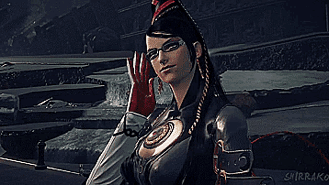 a woman in a video game with the name shirrako on the bottom left