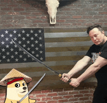 a man is holding two swords in front of a flag