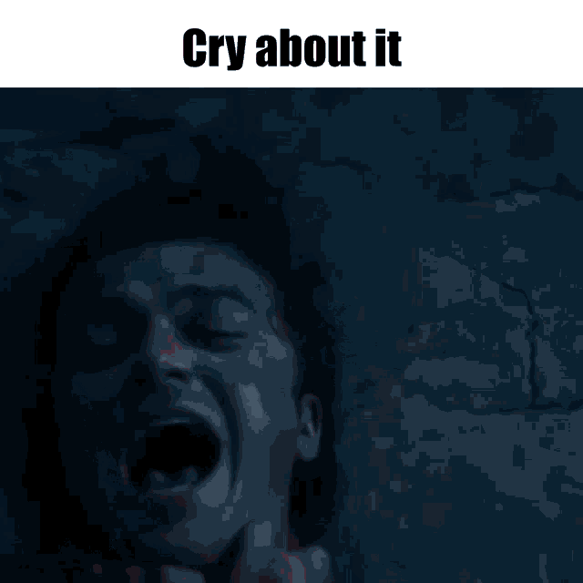 a man with his mouth open and the words cry about it written above him