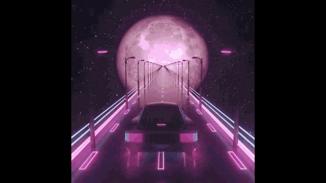 a car is driving down a neon road with a full moon in the background