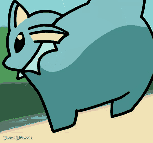 a drawing of a blue cat with the name lewd_nessie on the bottom