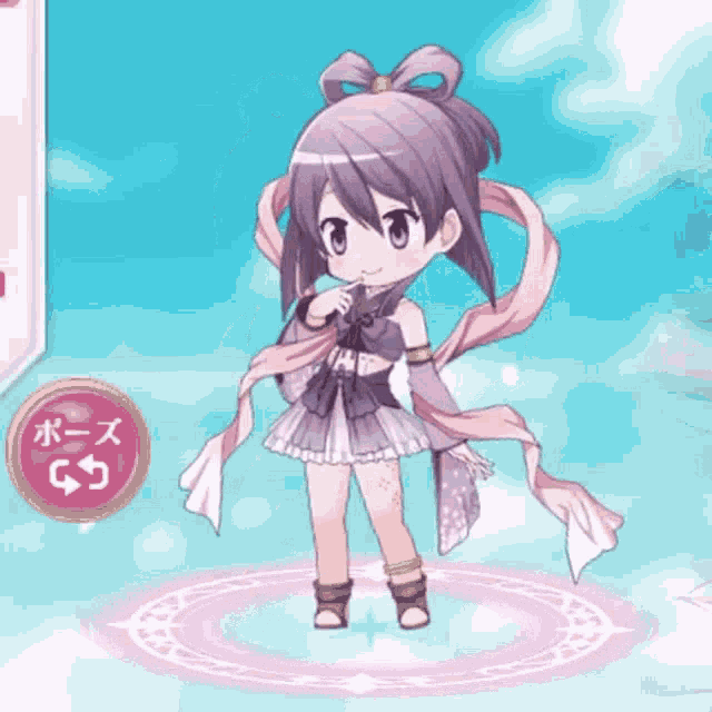 a girl with purple hair is standing in a circle with a pink ribbon around her waist