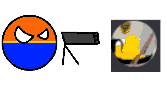 a drawing of an angry ball next to a picture of a duck