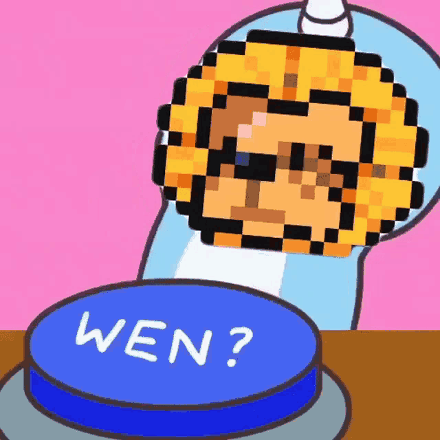 a pixelated character is pressing a button that says wen