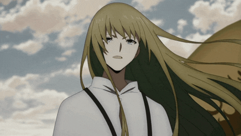 a girl with long blonde hair is wearing a white shirt and suspenders