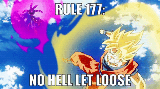 a picture of a cartoon character with the words rule 177 no hell let loose on it