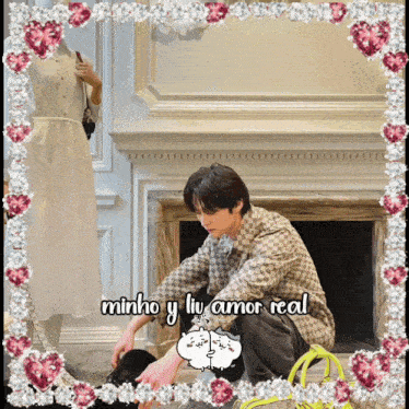a picture of minho y liu amor real is surrounded by pink hearts