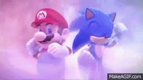 mario and sonic the hedgehog are standing next to each other in a cloud .