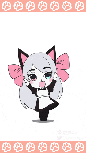 a cartoon drawing of a cat girl with paw prints on the bottom