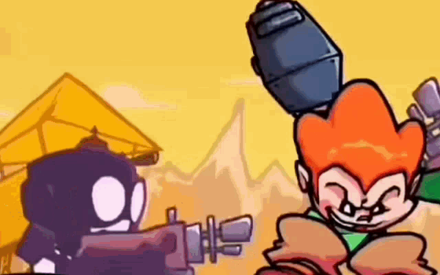 a cartoon character is holding a gun and standing next to another cartoon character .