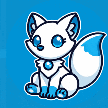 a cartoon drawing of a white fox with blue eyes and a blue tail