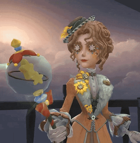 a cartoon character with a hat and flowers on her neck