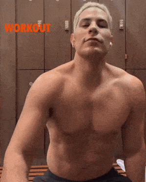 a shirtless man in a locker room with the word workout on the bottom