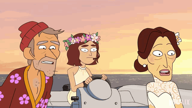 a cartoon of a bride and groom on a boat with the word netflix on the bottom right