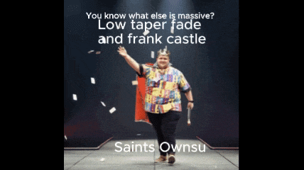 a poster for saints ownsu shows a man wearing a crown and a cape