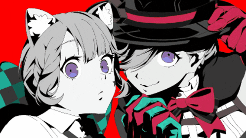 a black and white drawing of a boy and a girl with purple eyes