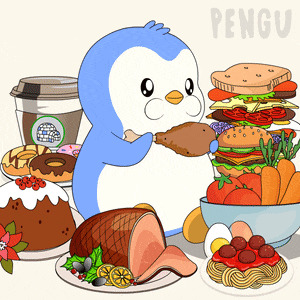 a penguin is surrounded by a variety of food including a sandwich