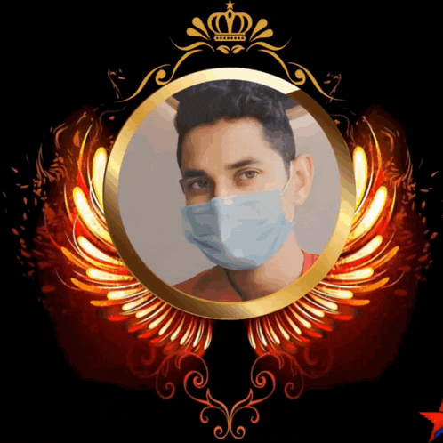 a man wearing a face mask is in a gold frame with wings