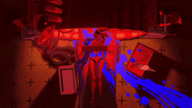 a cartoon drawing of a person laying on a bed with a red and blue light coming out of it