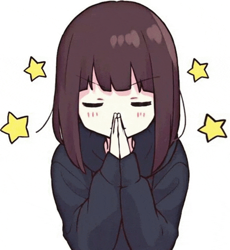 a cartoon girl with short hair is praying with her hands folded .