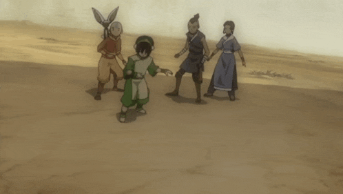 a group of cartoon characters are standing in a field