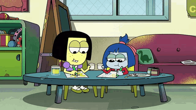 a cartoon of two girls sitting at a table with a sign that says g on it