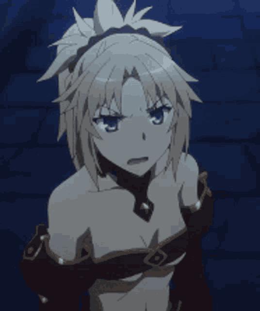 a naked anime girl with a flower in her hair is looking down