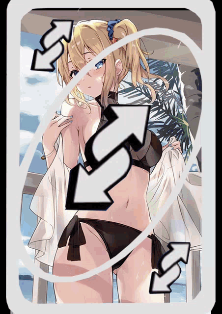 a card with a girl in a bikini and arrows pointing to her