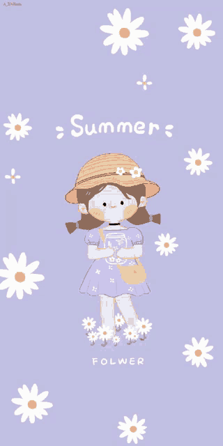 a girl in a purple dress and hat is surrounded by daisies and the words summer folwer on the bottom