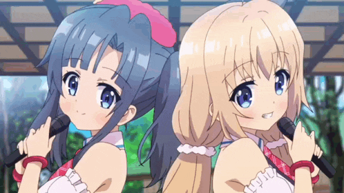 two anime girls singing into microphones with their backs to the camera