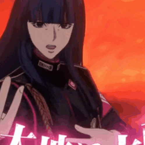 a girl with long black hair is wearing a black uniform
